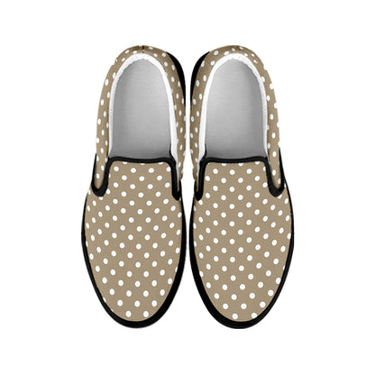 Beige And White Polka Dot Pattern Print Black Slip On Shoes