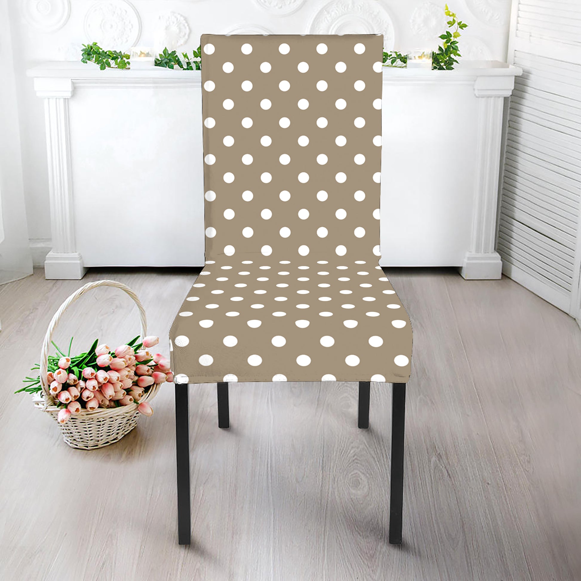Beige And White Polka Dot Pattern Print Dining Chair Slipcover