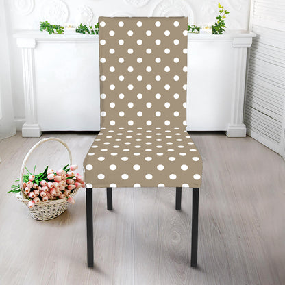 Beige And White Polka Dot Pattern Print Dining Chair Slipcover