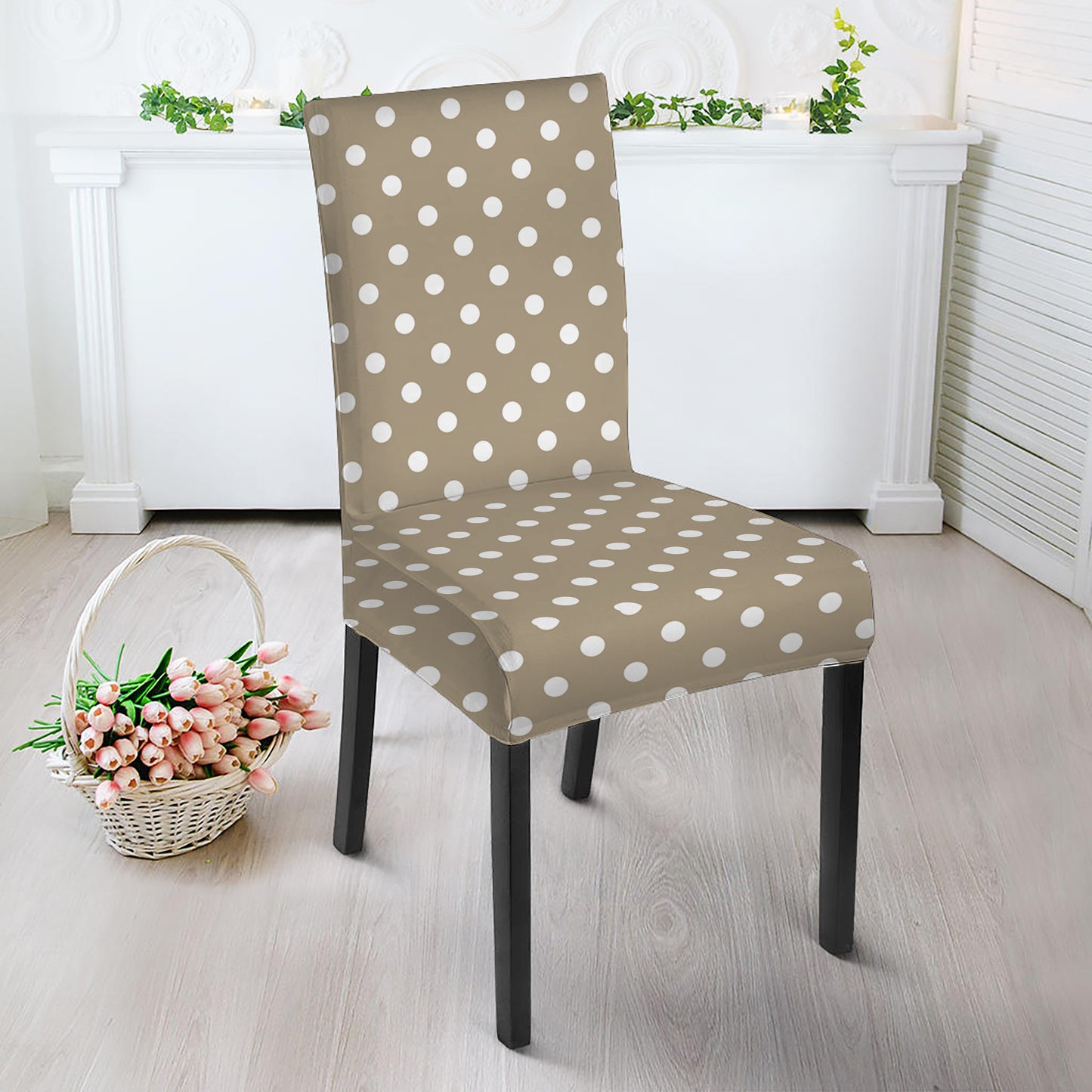 Beige And White Polka Dot Pattern Print Dining Chair Slipcover