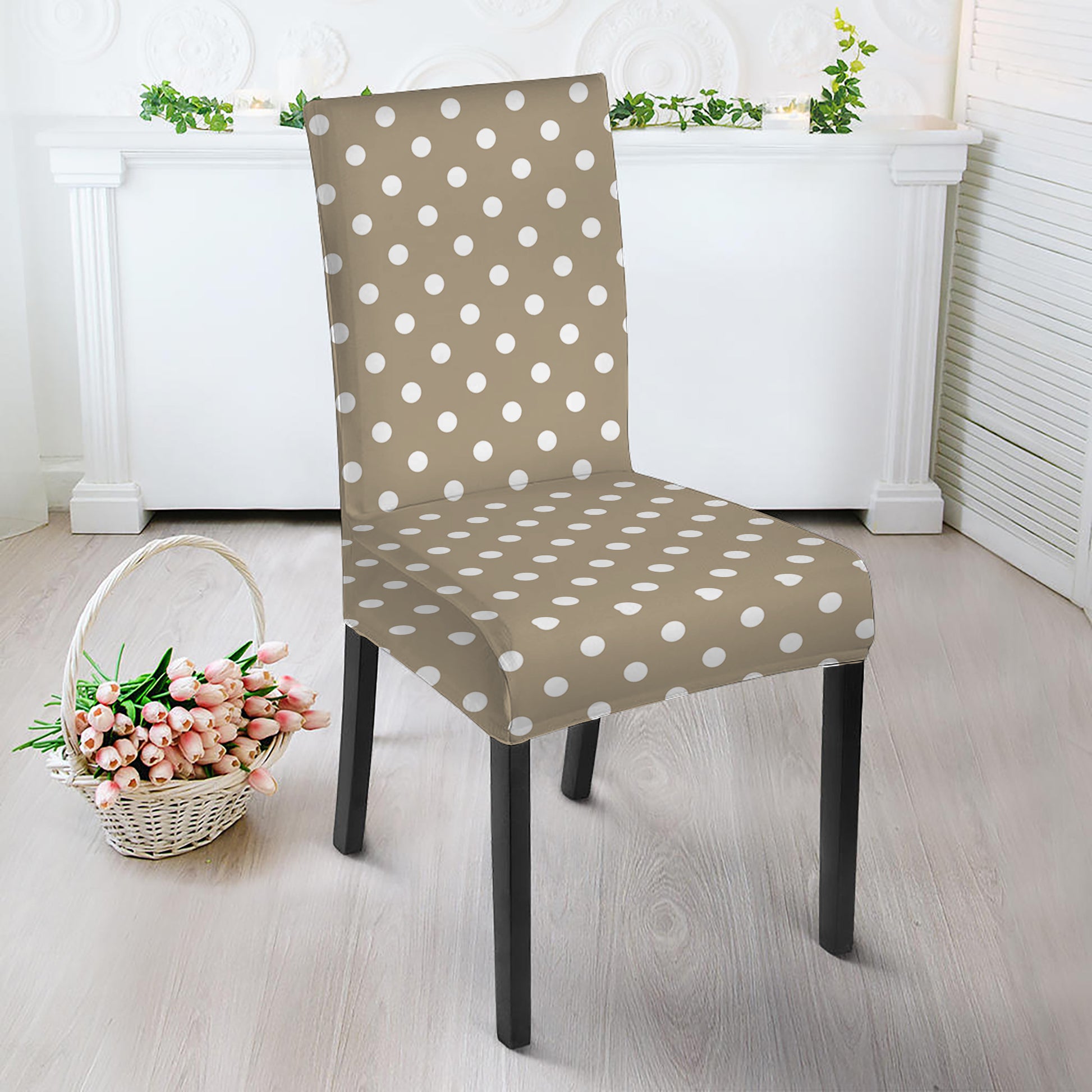 Beige And White Polka Dot Pattern Print Dining Chair Slipcover