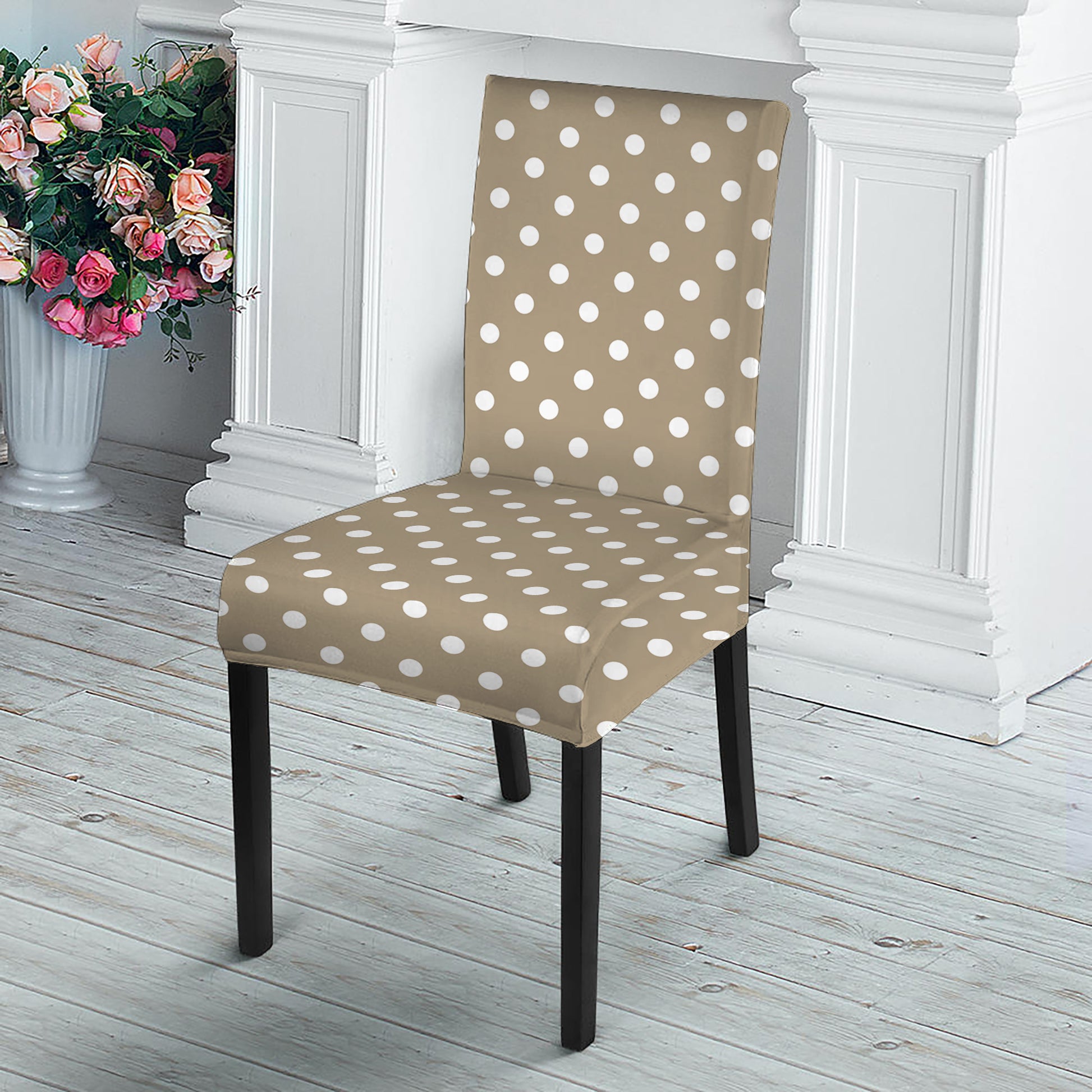 Beige And White Polka Dot Pattern Print Dining Chair Slipcover