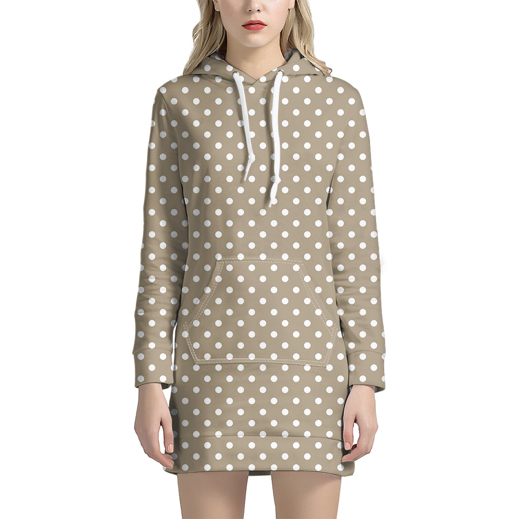 Beige And White Polka Dot Pattern Print Hoodie Dress