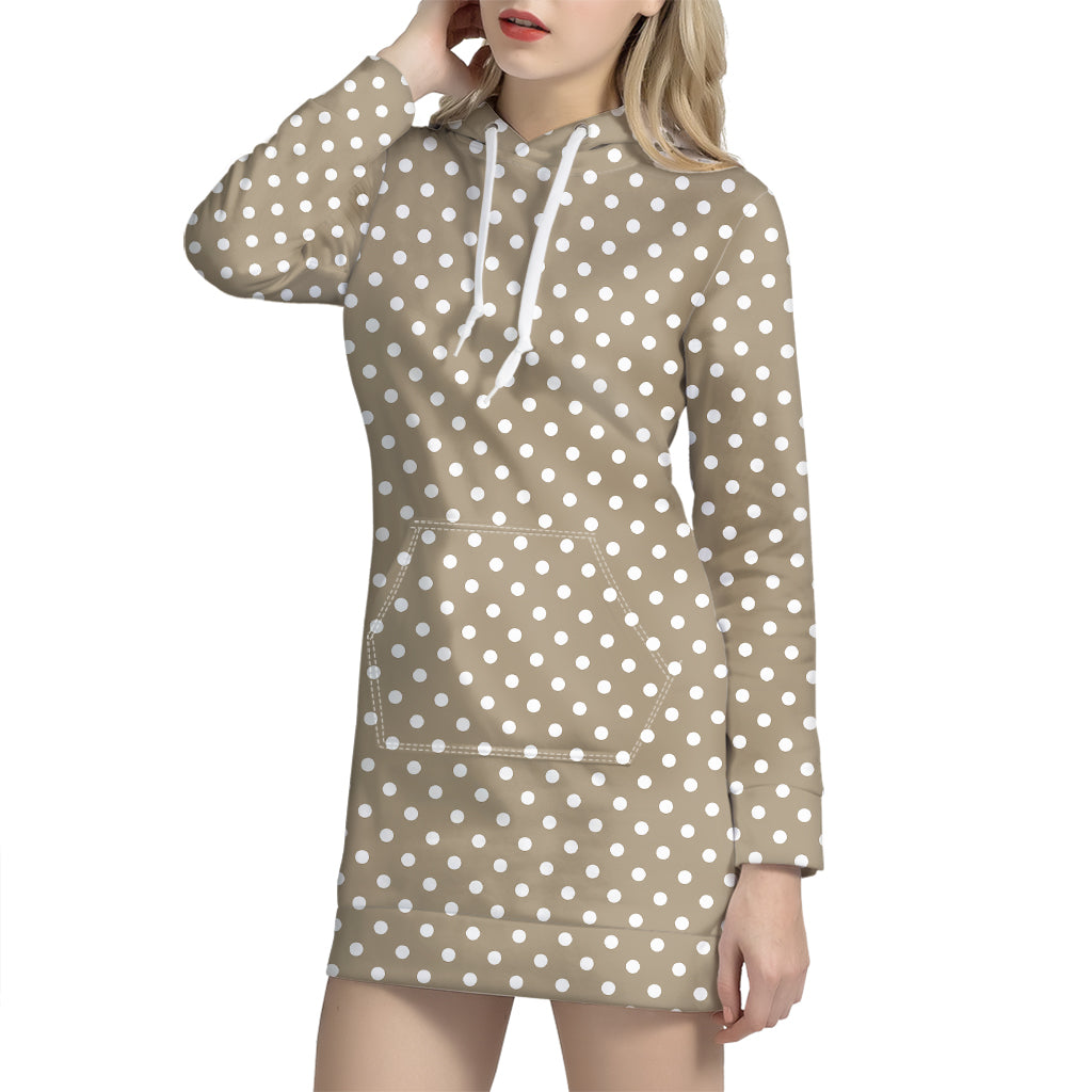 Beige And White Polka Dot Pattern Print Hoodie Dress