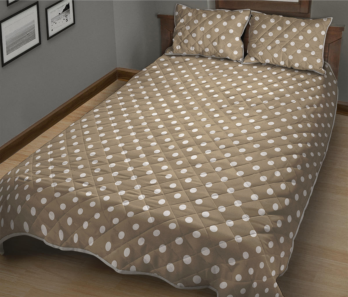 Beige And White Polka Dot Pattern Print Quilt Bed Set