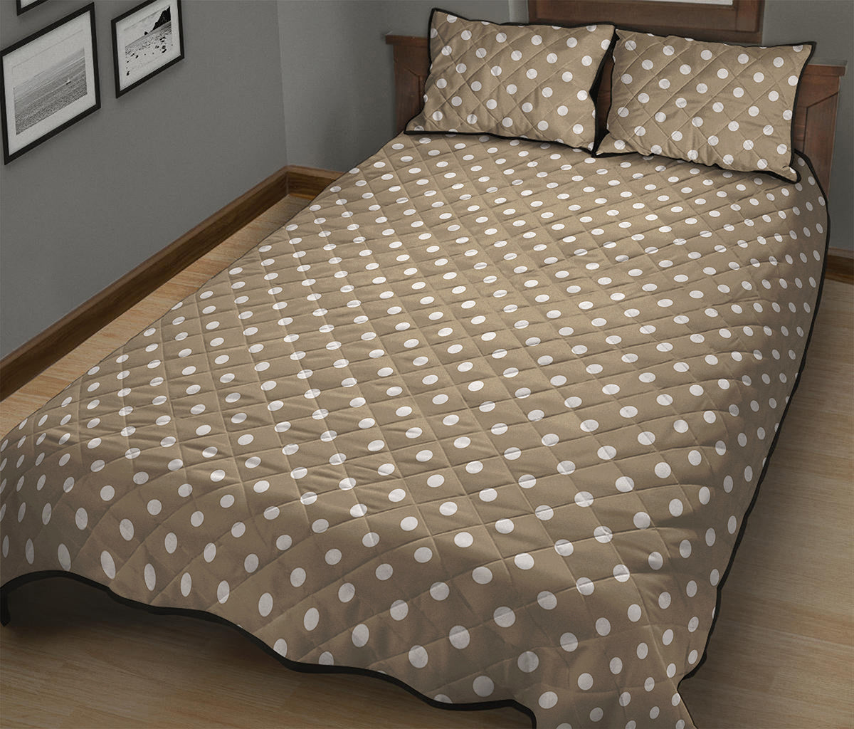 Beige And White Polka Dot Pattern Print Quilt Bed Set