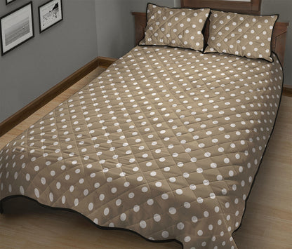 Beige And White Polka Dot Pattern Print Quilt Bed Set