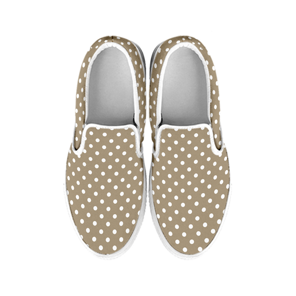 Beige And White Polka Dot Pattern Print White Slip On Shoes