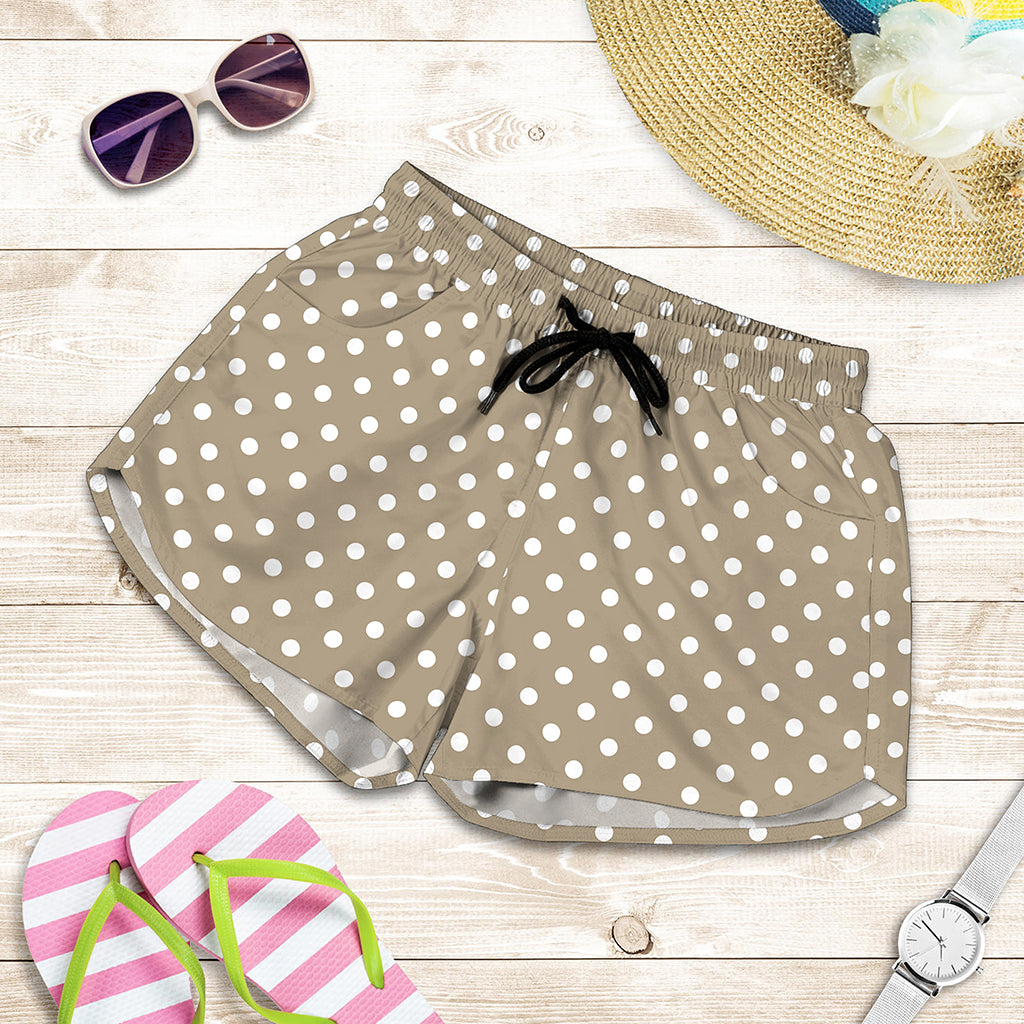 Beige And White Polka Dot Pattern Print Women's Shorts