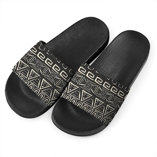 Beige Aztec Pattern Print Black Slide Sandals