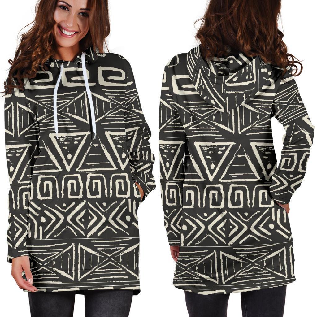 Beige Aztec Pattern Print Hoodie Dress GearFrost
