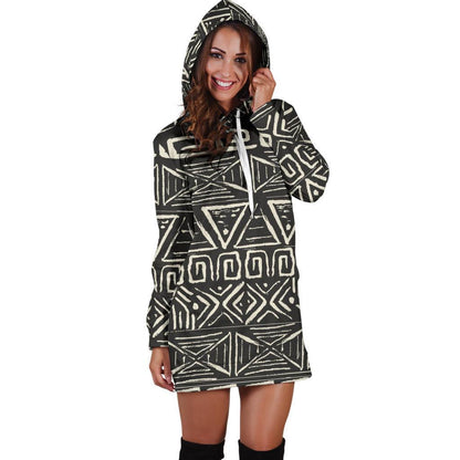 Beige Aztec Pattern Print Hoodie Dress GearFrost