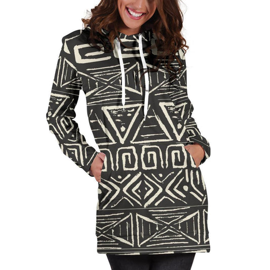 Beige Aztec Pattern Print Hoodie Dress GearFrost