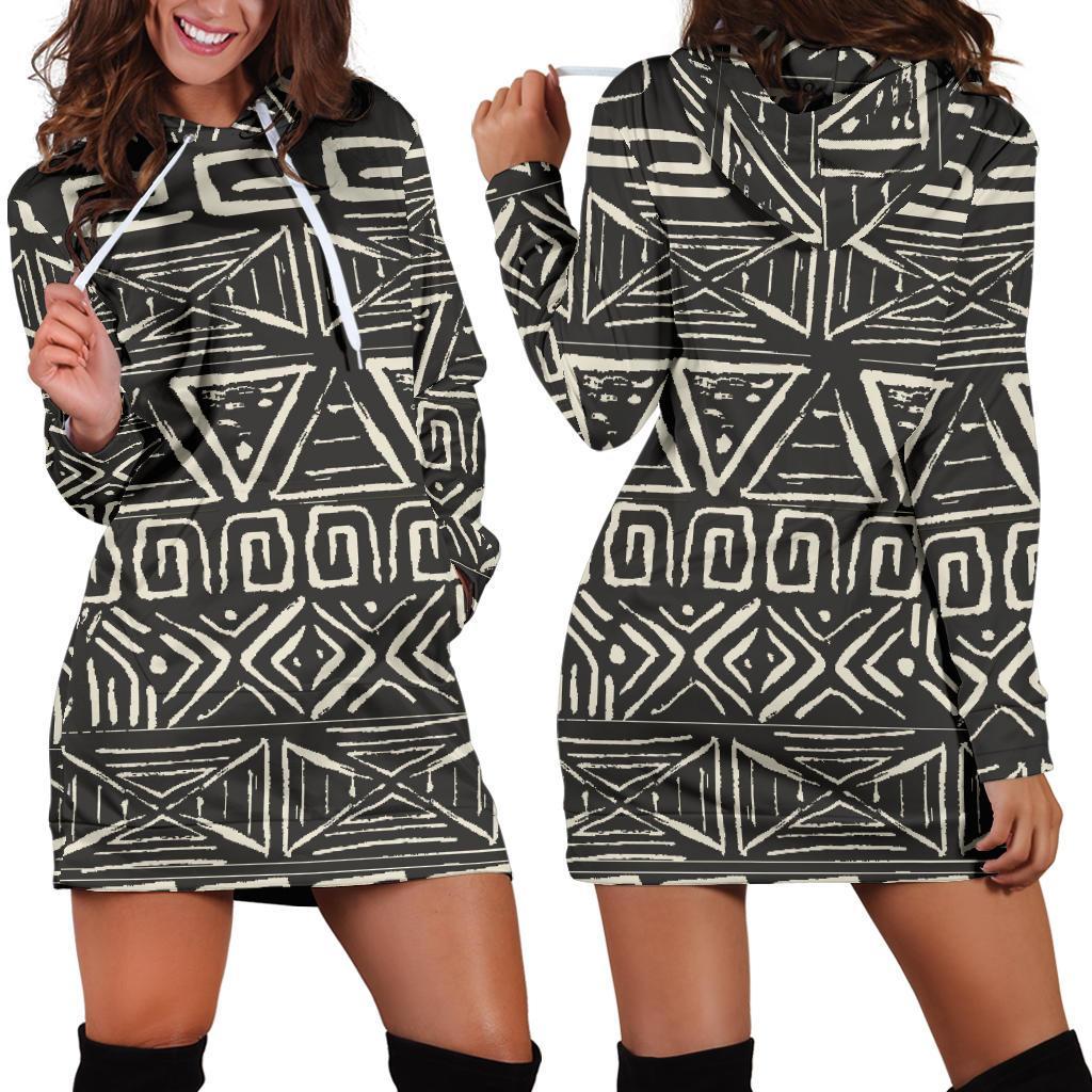 Beige Aztec Pattern Print Hoodie Dress GearFrost