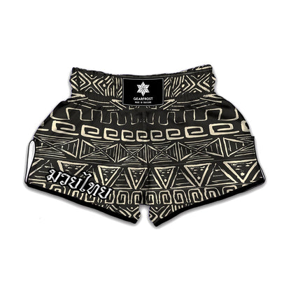 Beige Aztec Pattern Print Muay Thai Boxing Shorts