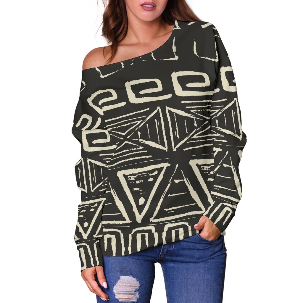 Beige Aztec Pattern Print Off Shoulder Sweatshirt GearFrost