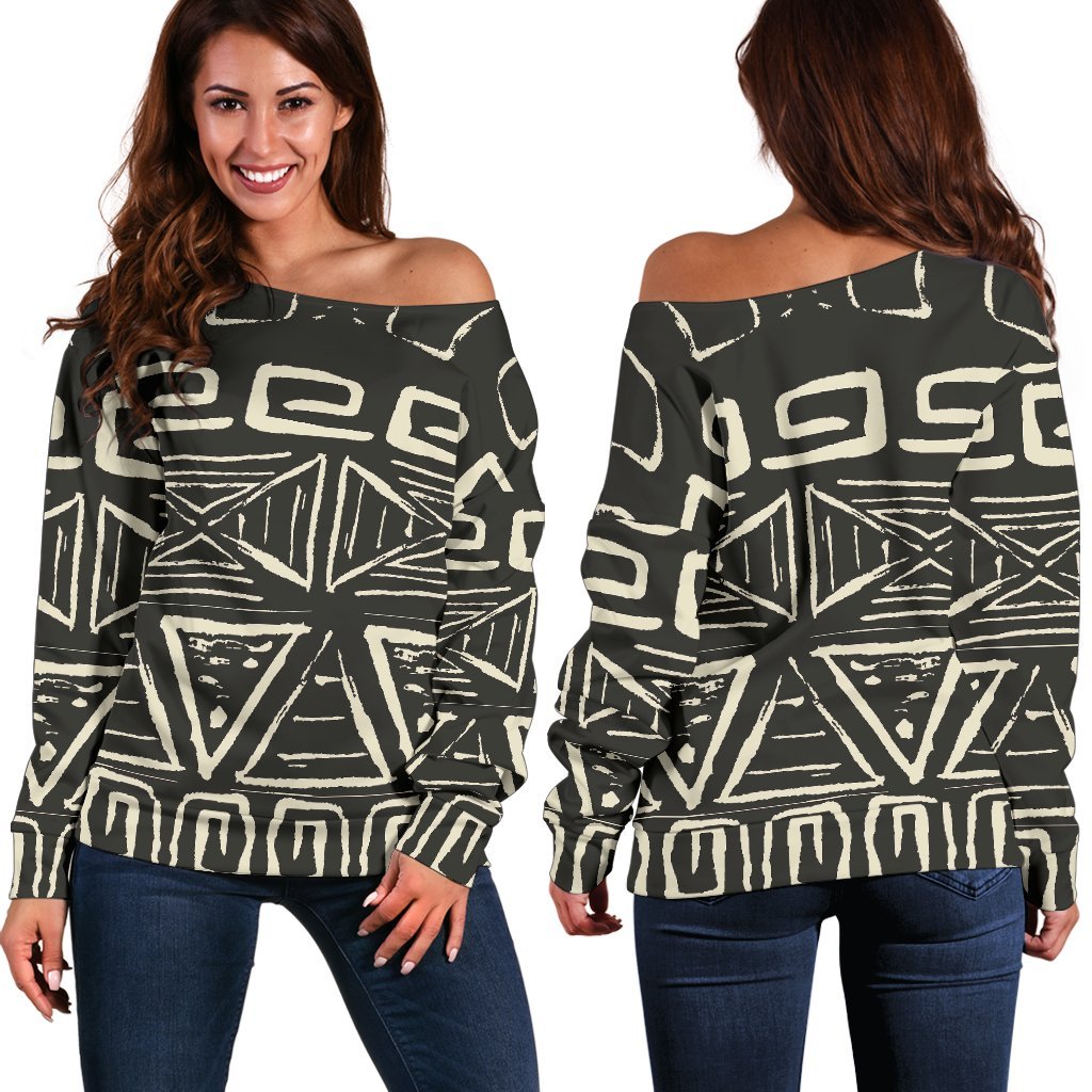 Beige Aztec Pattern Print Off Shoulder Sweatshirt GearFrost
