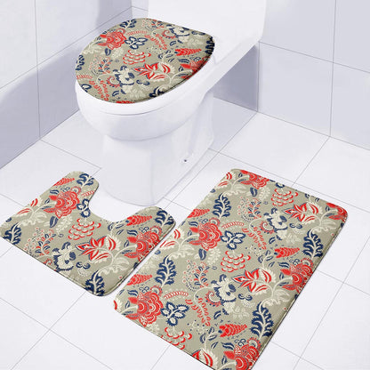 Beige Bohemian Floral Pattern Print 3 Piece Bath Mat Set