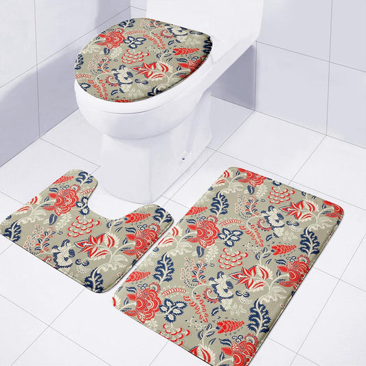 Beige Bohemian Floral Pattern Print 3 Piece Bath Mat Set