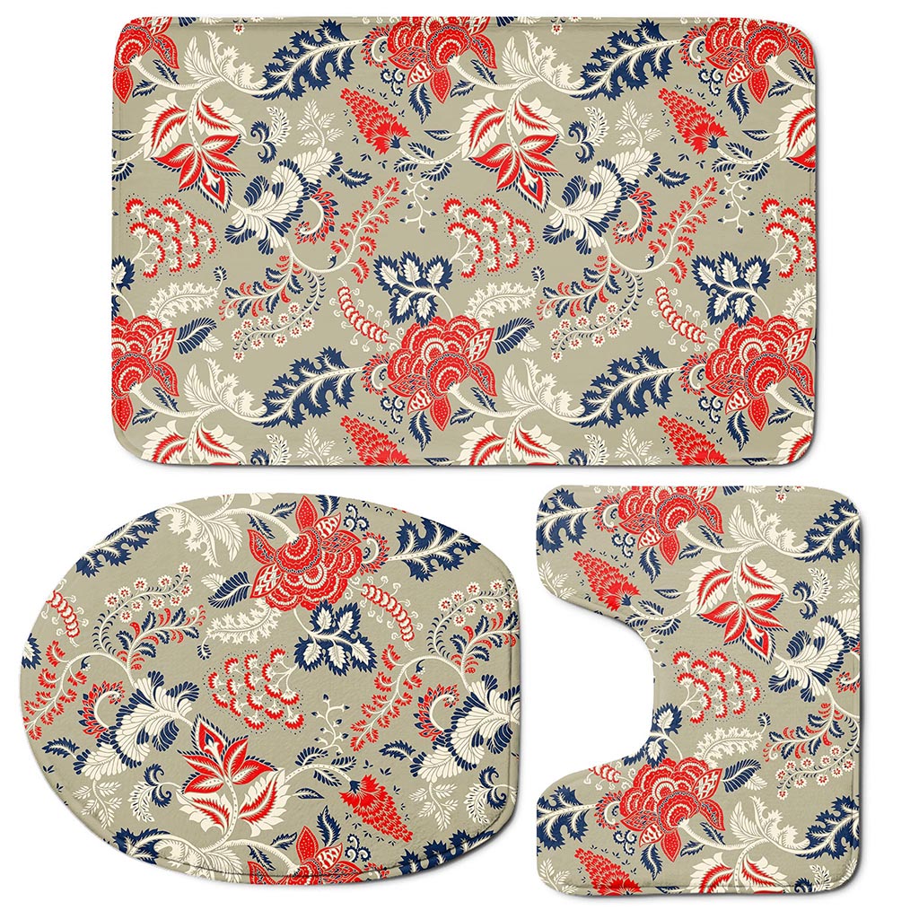 Beige Bohemian Floral Pattern Print 3 Piece Bath Mat Set