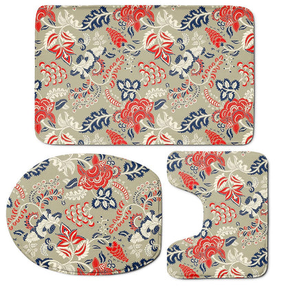 Beige Bohemian Floral Pattern Print 3 Piece Bath Mat Set