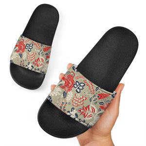 Beige Bohemian Floral Pattern Print Black Slide Sandals