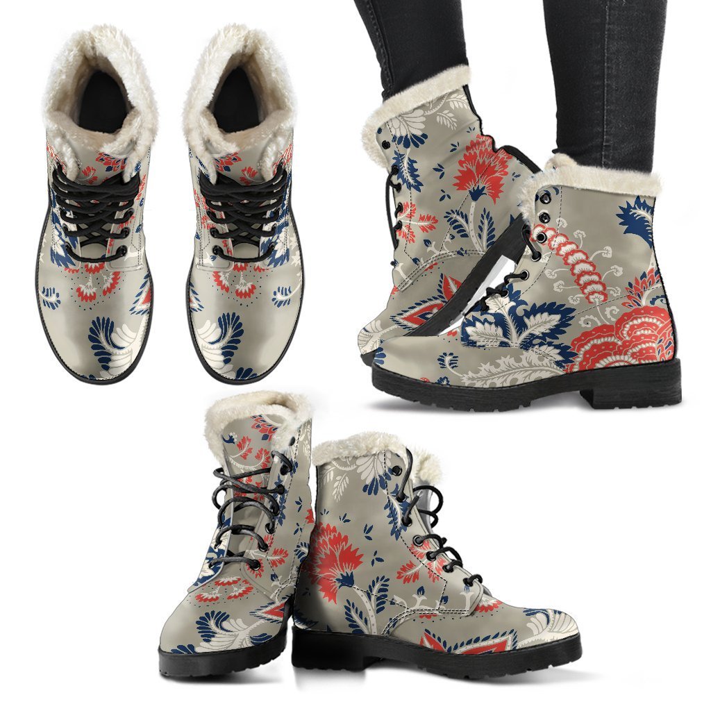 Beige Bohemian Floral Pattern Print Comfy Boots GearFrost