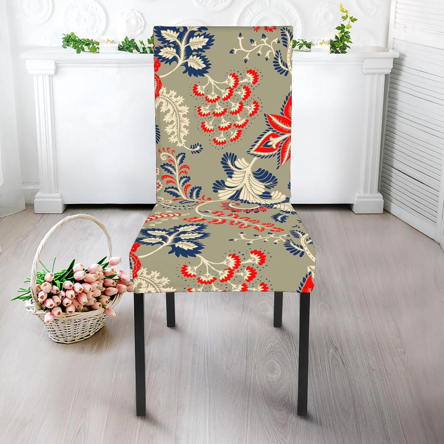 Beige Bohemian Floral Pattern Print Dining Chair Slipcover