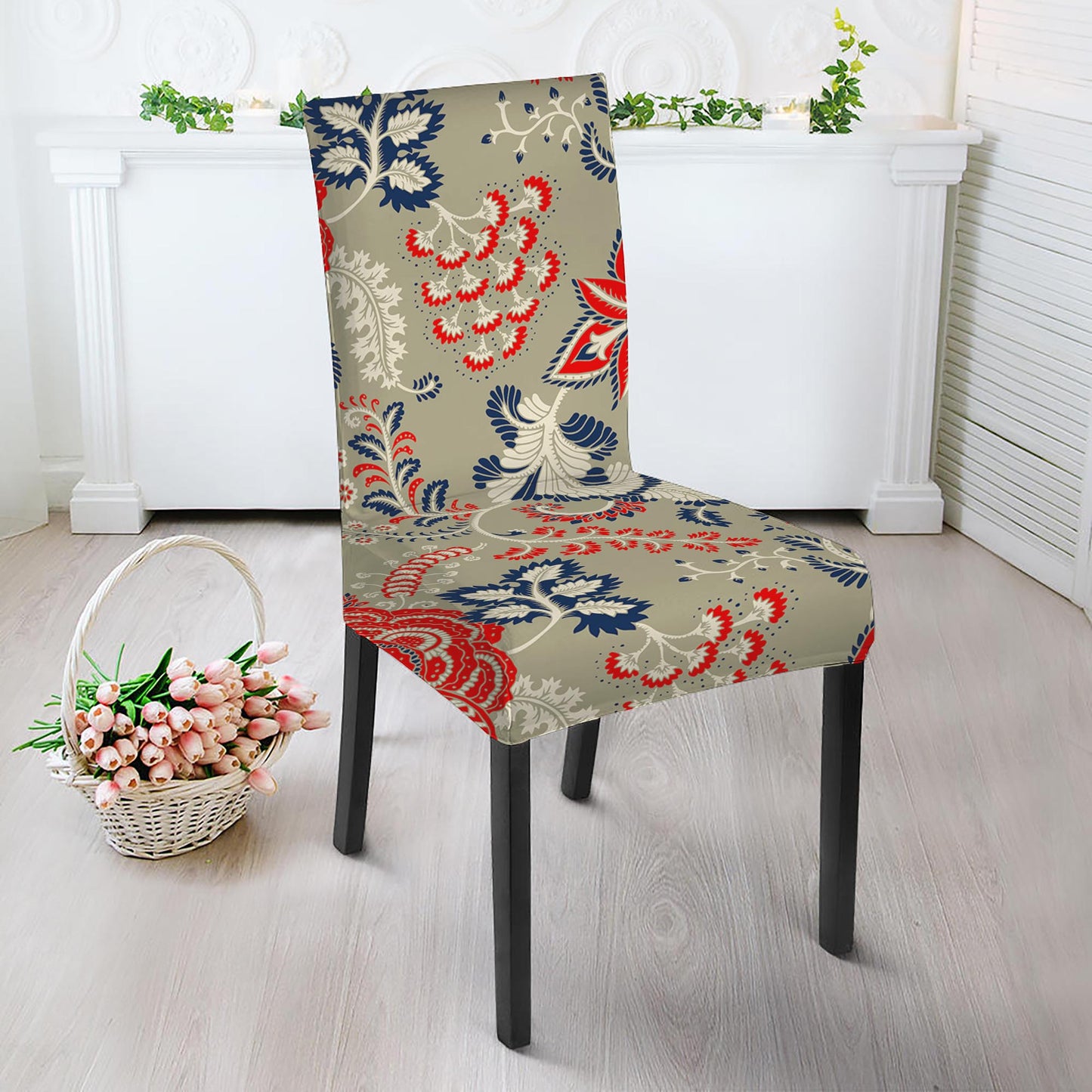 Beige Bohemian Floral Pattern Print Dining Chair Slipcover