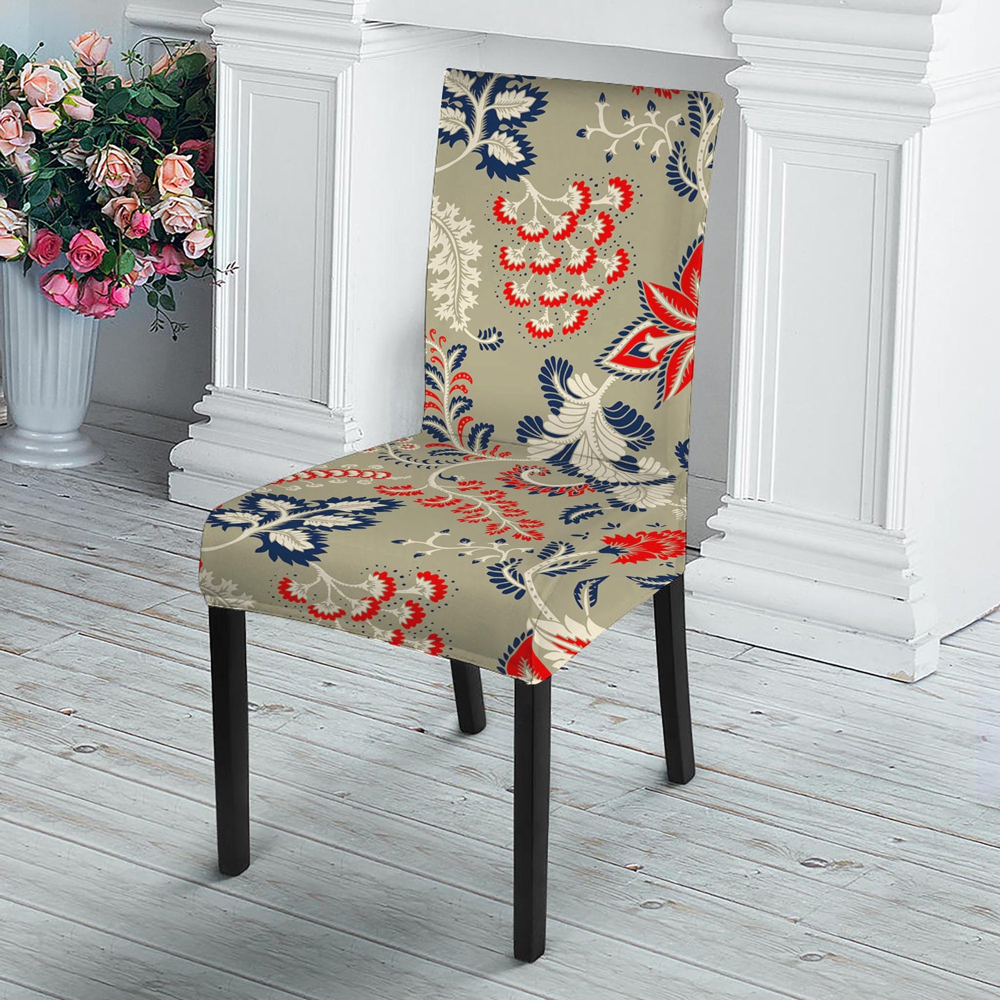 Beige Bohemian Floral Pattern Print Dining Chair Slipcover