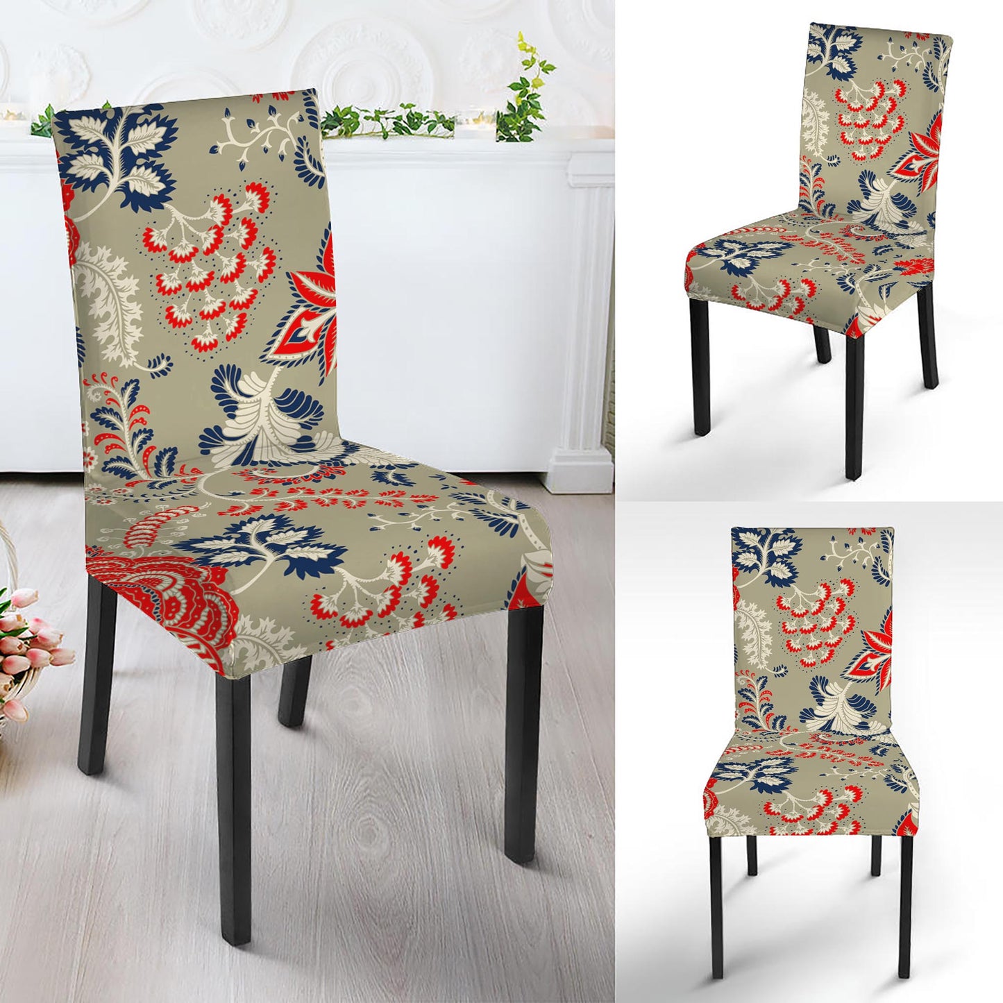 Beige Bohemian Floral Pattern Print Dining Chair Slipcover