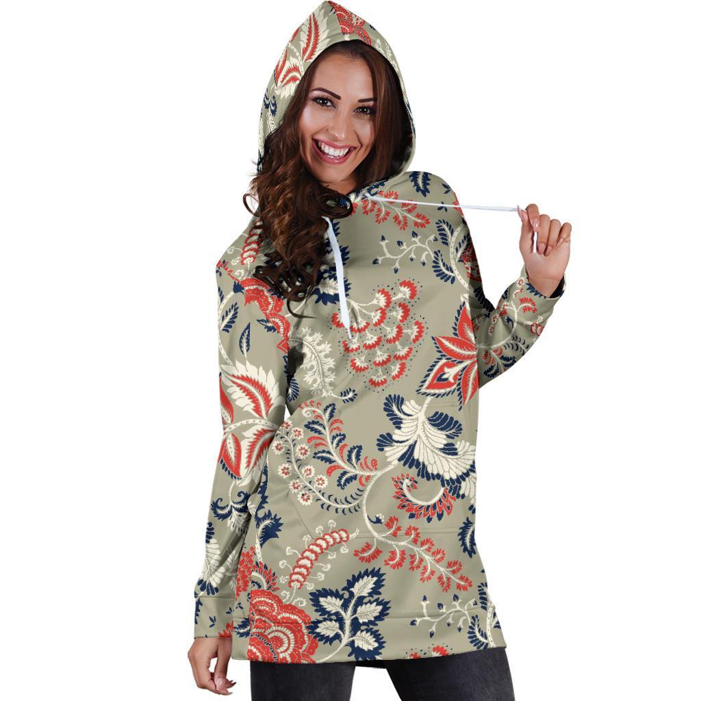 Beige Bohemian Floral Pattern Print Hoodie Dress GearFrost