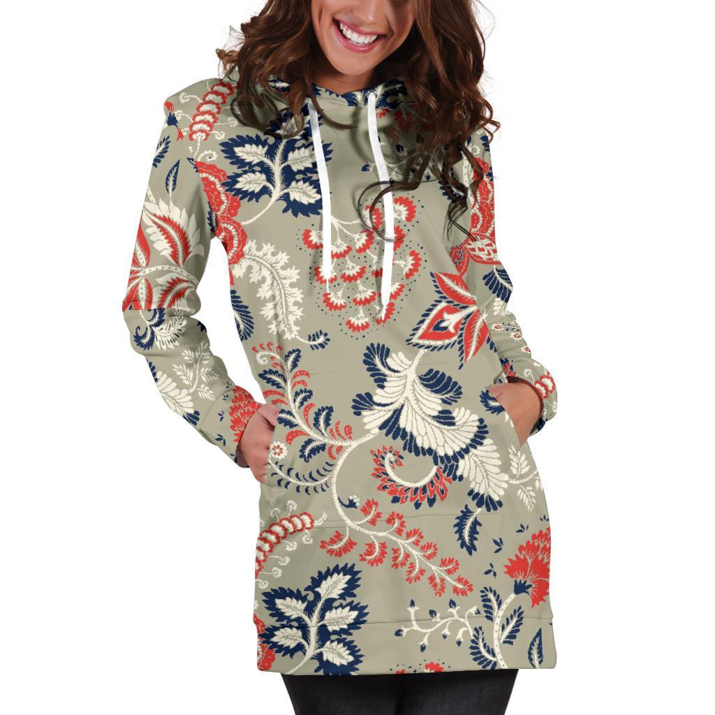 Beige Bohemian Floral Pattern Print Hoodie Dress GearFrost