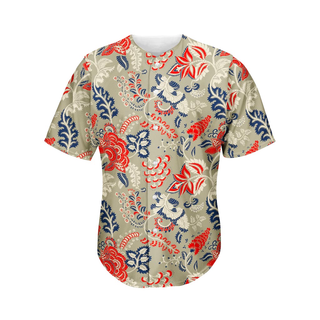 Beige Bohemian Floral Pattern Print Men's Baseball Jersey