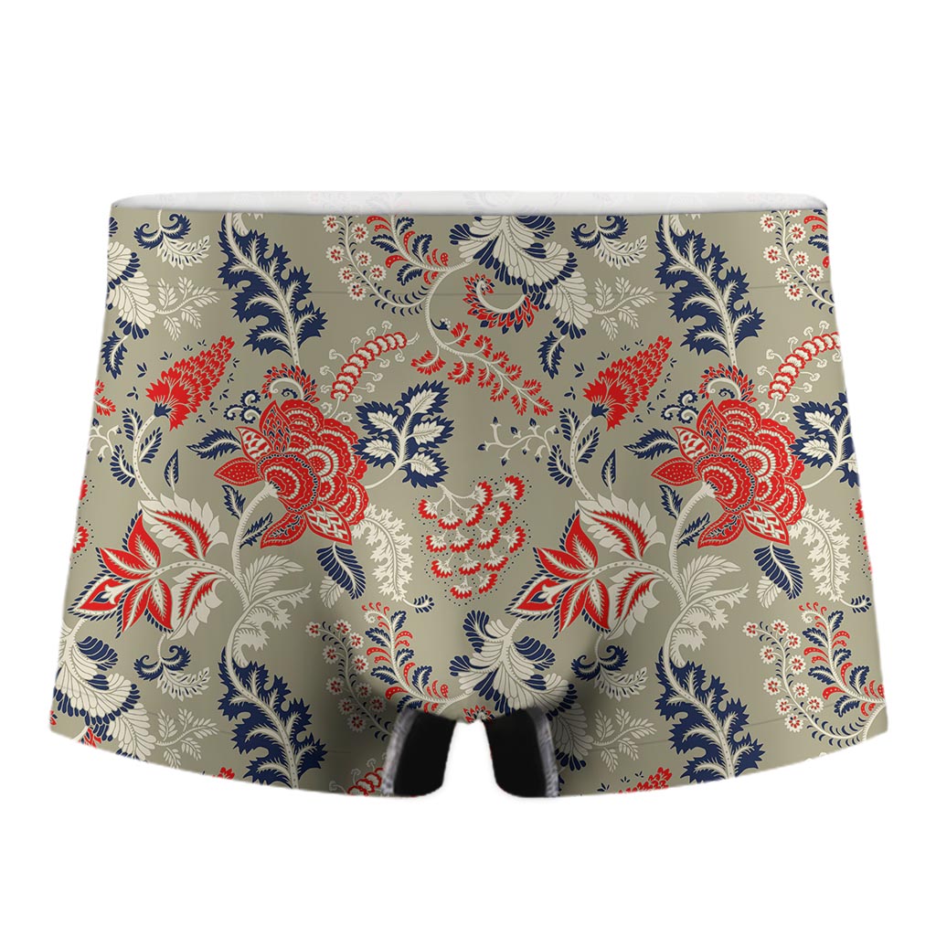 Beige Bohemian Floral Pattern Print Men's Boxer Briefs