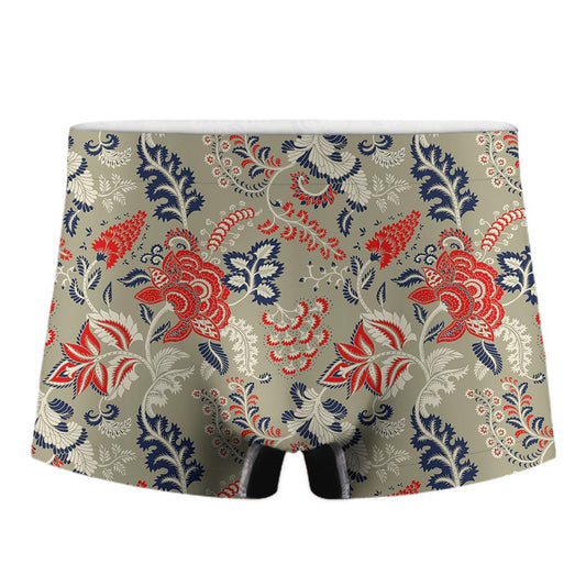 Beige Bohemian Floral Pattern Print Men's Boxer Briefs