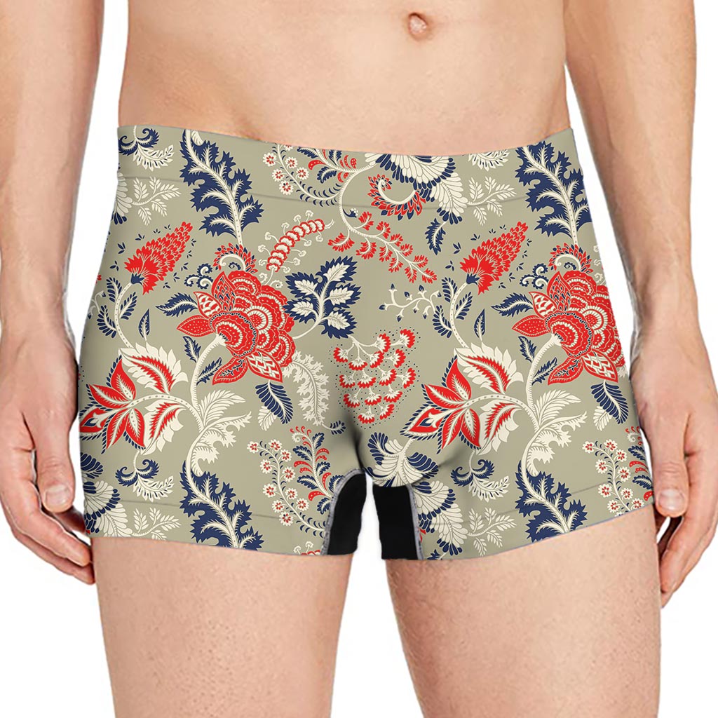 Beige Bohemian Floral Pattern Print Men's Boxer Briefs