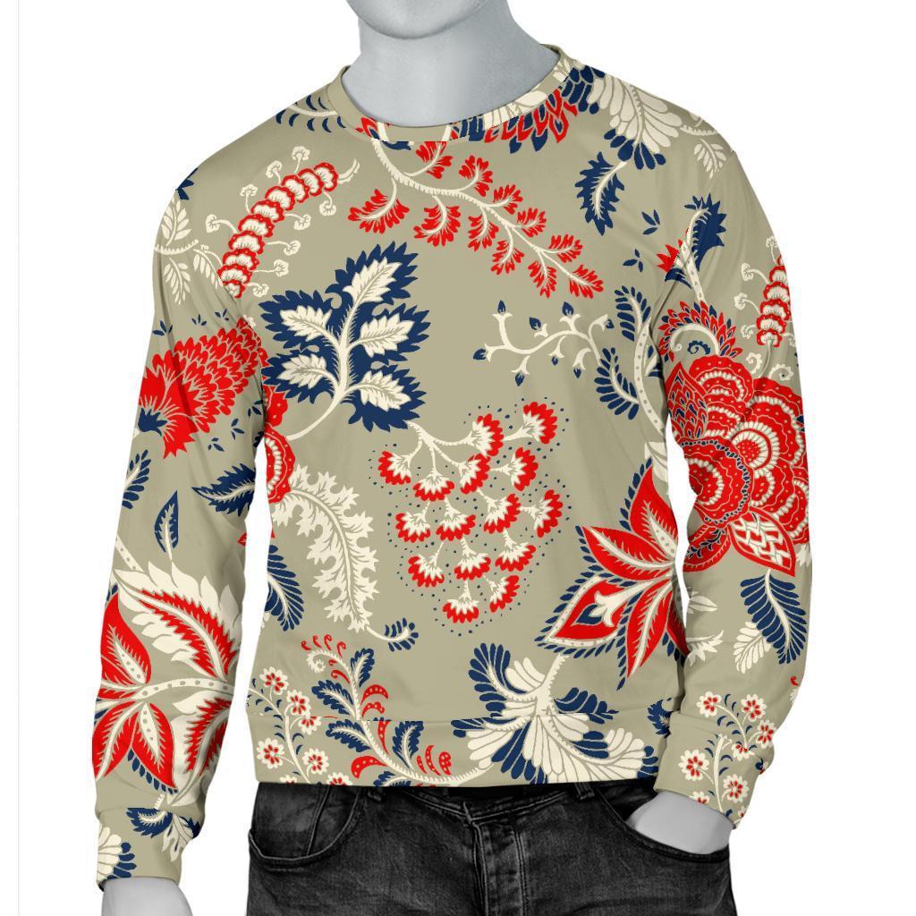 Beige Bohemian Floral Pattern Print Men's Crewneck Sweatshirt GearFrost
