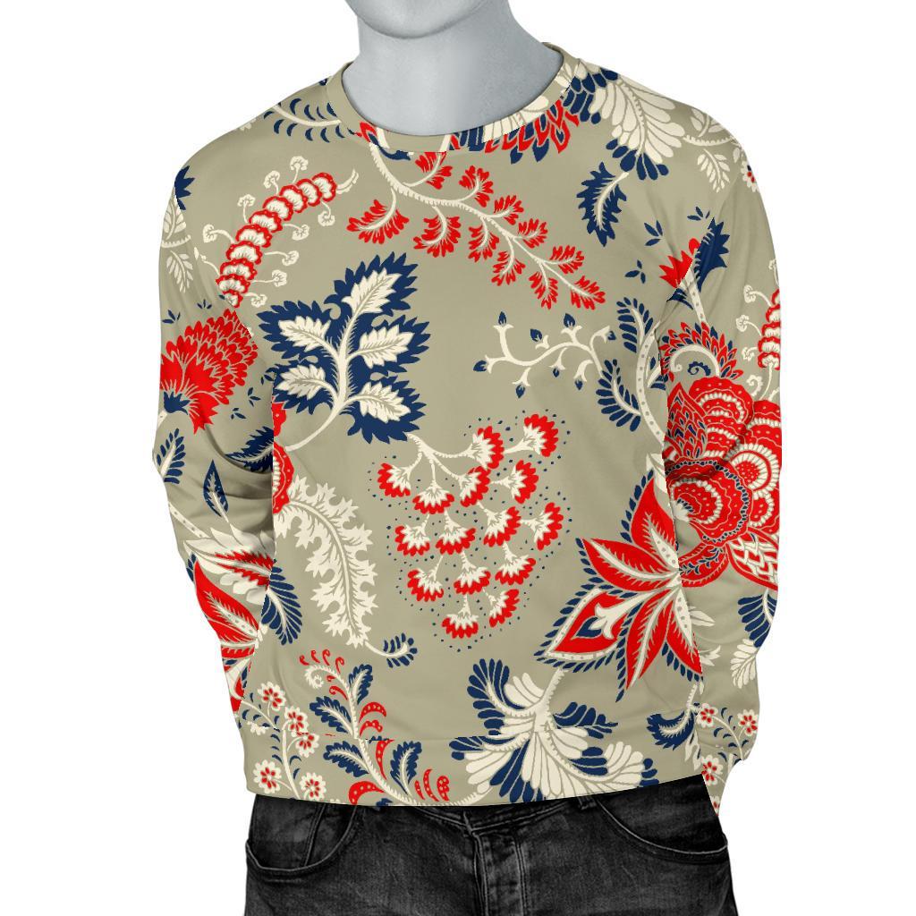 Beige Bohemian Floral Pattern Print Men's Crewneck Sweatshirt GearFrost