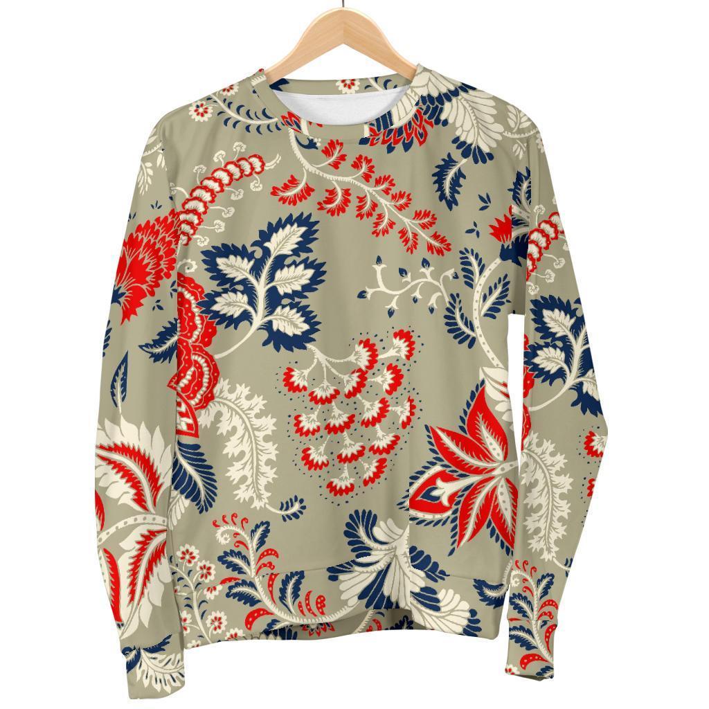 Beige Bohemian Floral Pattern Print Men's Crewneck Sweatshirt GearFrost