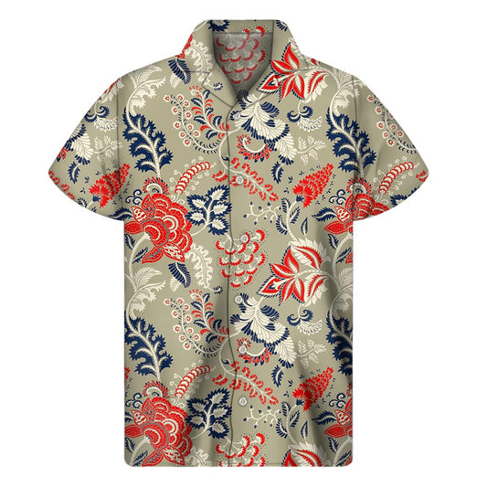 Beige Bohemian Floral Pattern Print Men's Short Sleeve Shirt