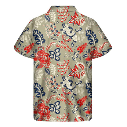 Beige Bohemian Floral Pattern Print Men's Short Sleeve Shirt