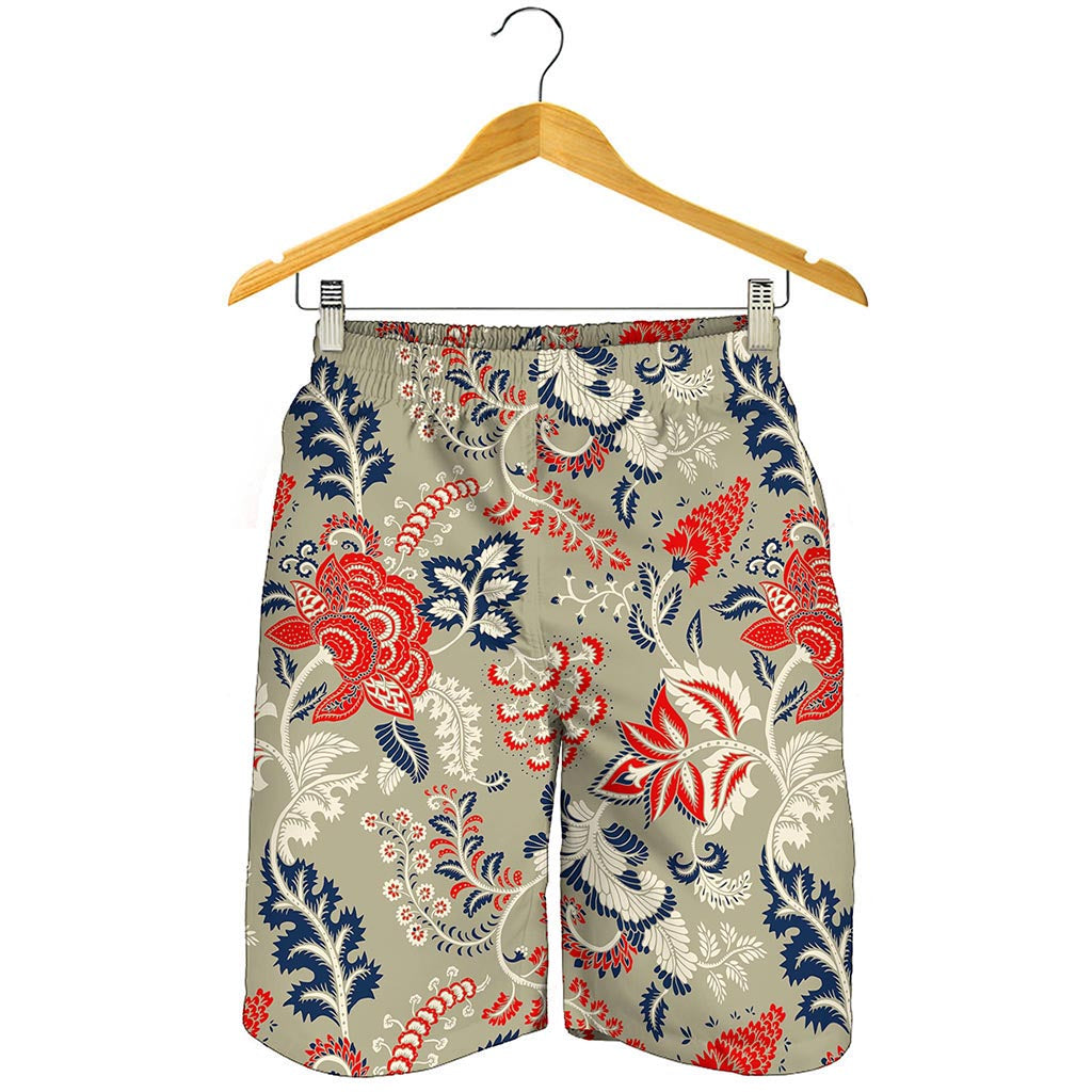 Beige Bohemian Floral Pattern Print Men's Shorts