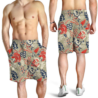 Beige Bohemian Floral Pattern Print Men's Shorts