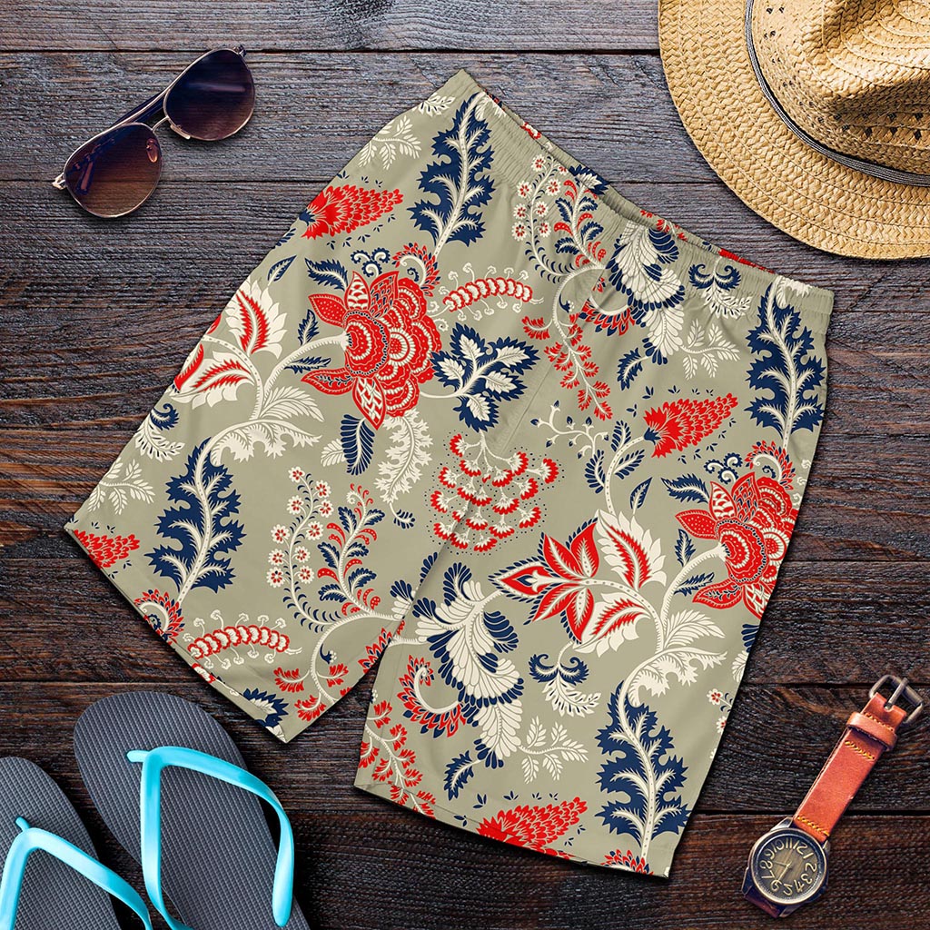 Beige Bohemian Floral Pattern Print Men's Shorts