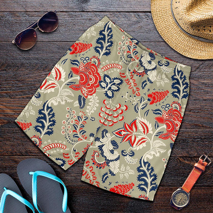 Beige Bohemian Floral Pattern Print Men's Shorts