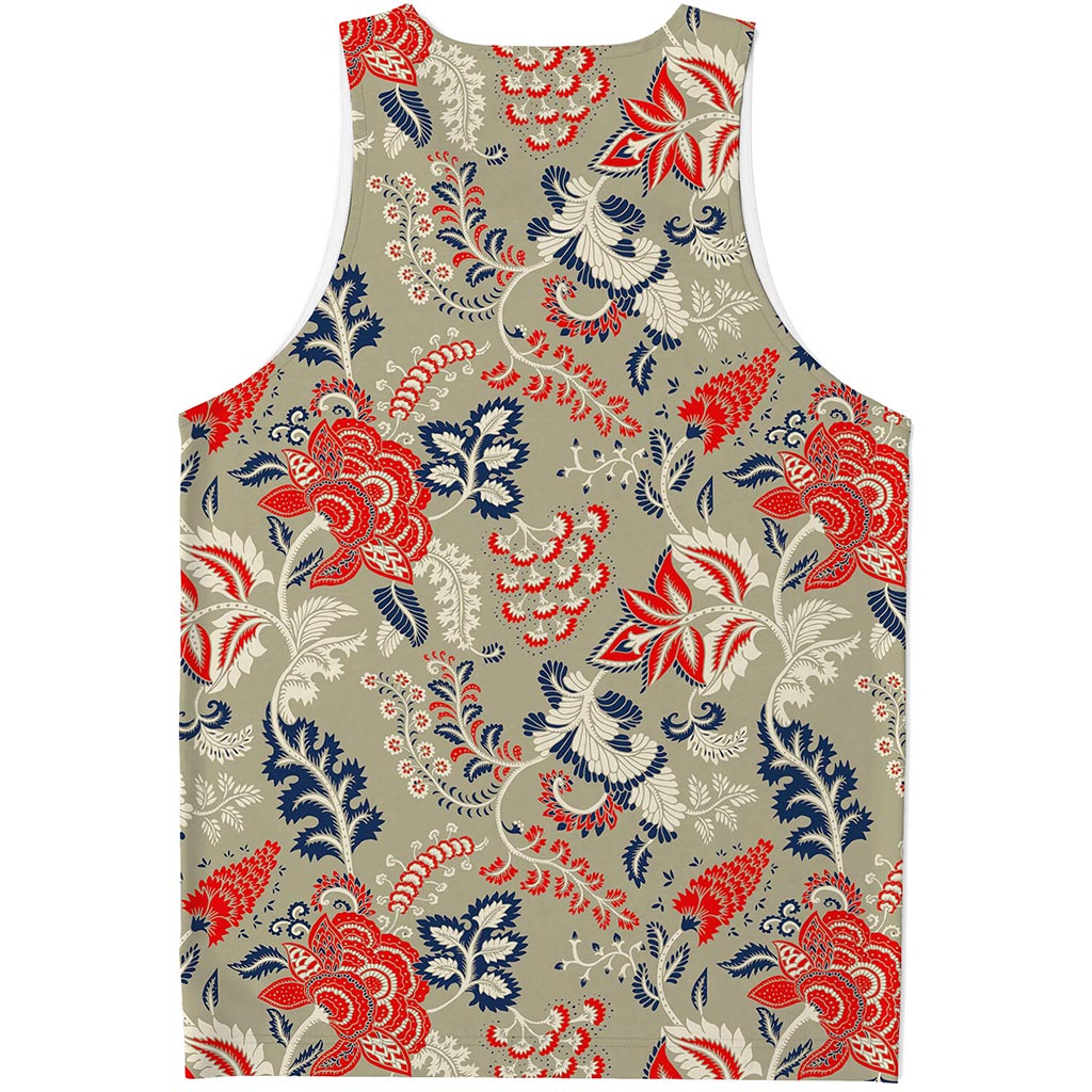 Beige Bohemian Floral Pattern Print Men's Tank Top