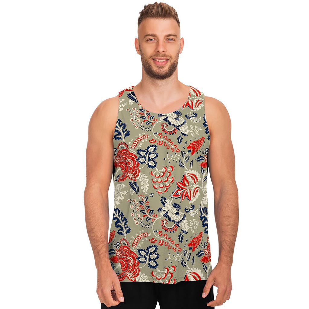 Beige Bohemian Floral Pattern Print Men's Tank Top