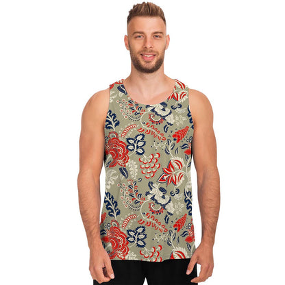 Beige Bohemian Floral Pattern Print Men's Tank Top