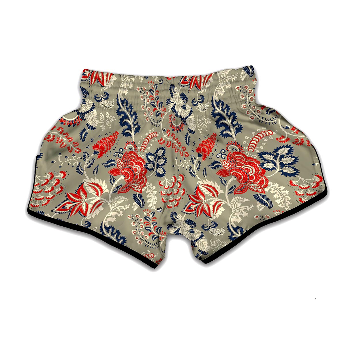 Beige Bohemian Floral Pattern Print Muay Thai Boxing Shorts